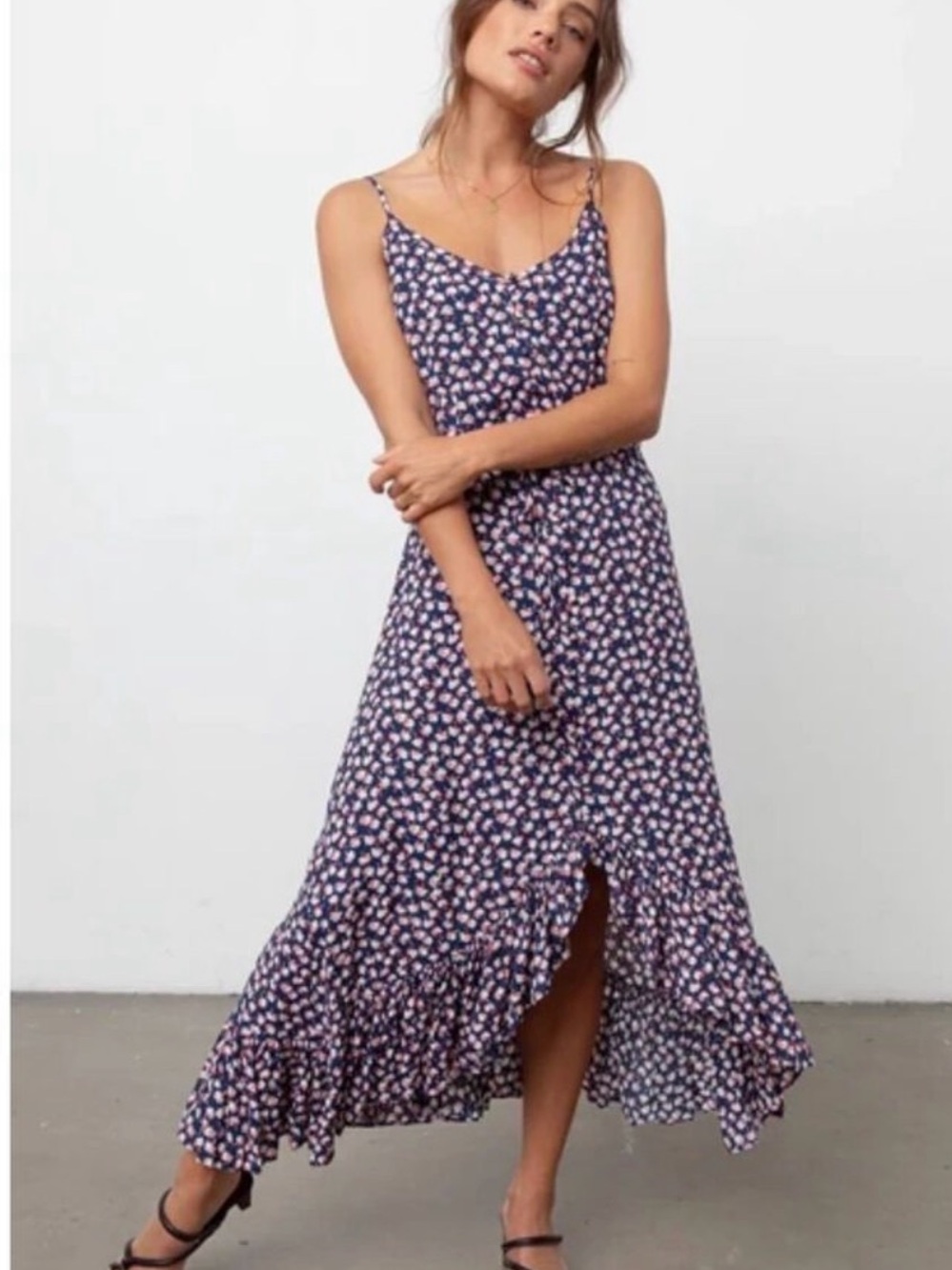 Rails Frida Pink Poms Floral Ruffle High Low Midi Dress Size XL